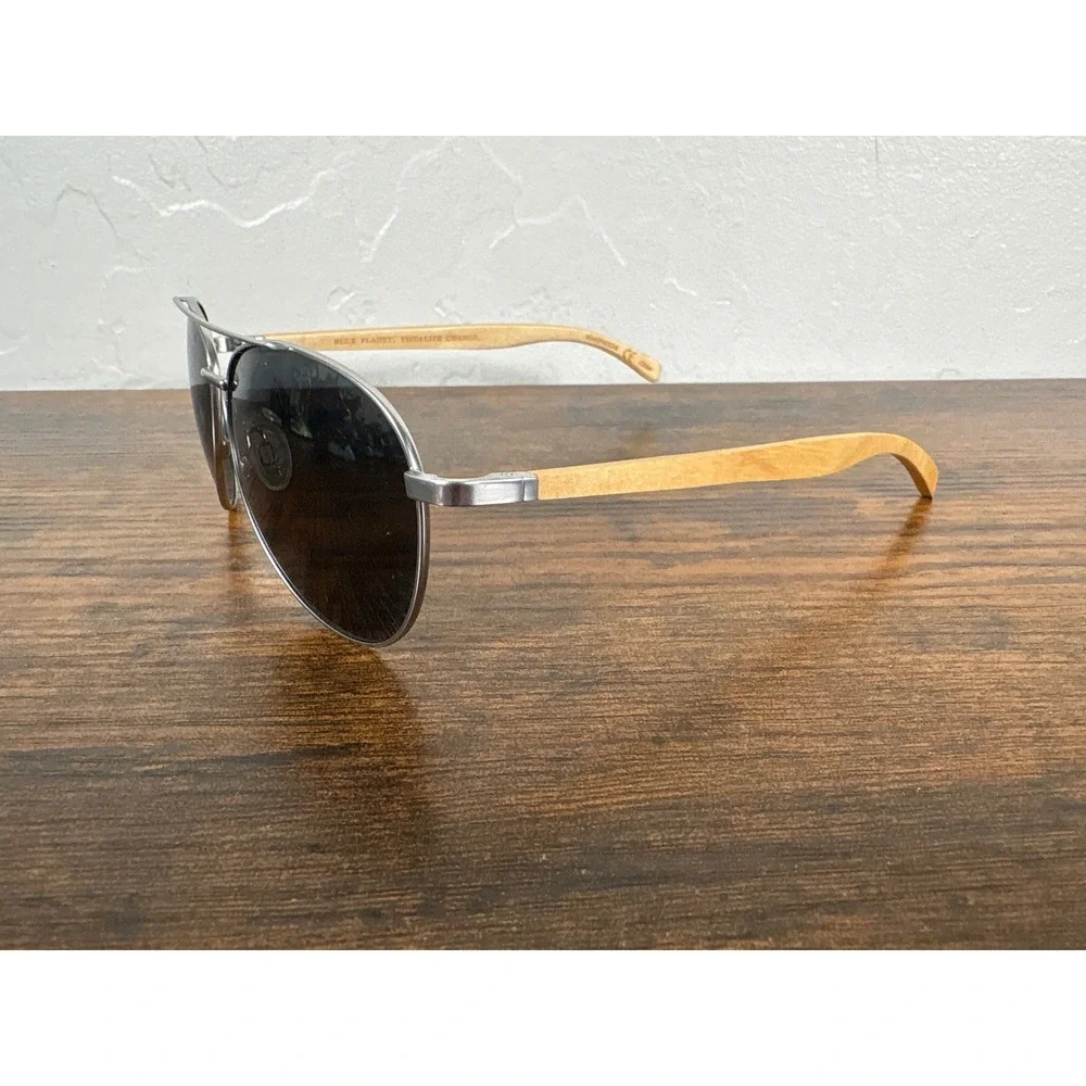 Blue Planet Amador BP 10346 Polarized Aviator Sunglasses Silver Wood Handmade